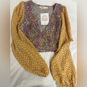 Colorful Patterned Blouse with Yellow Sleeves